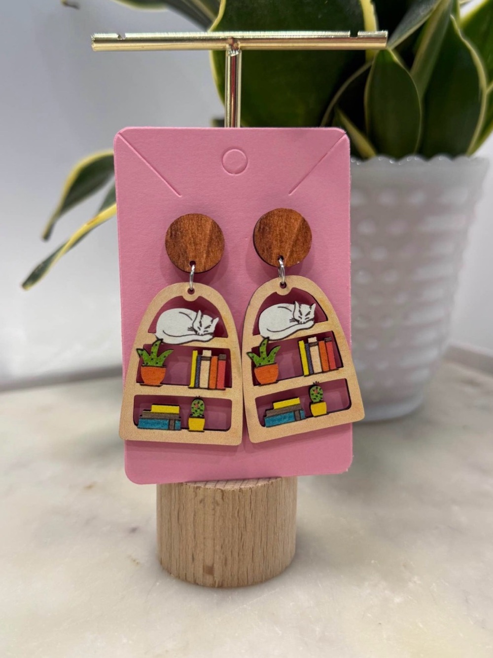 Handmade Cat on Bookshelf Wooden Earrings - Pink
